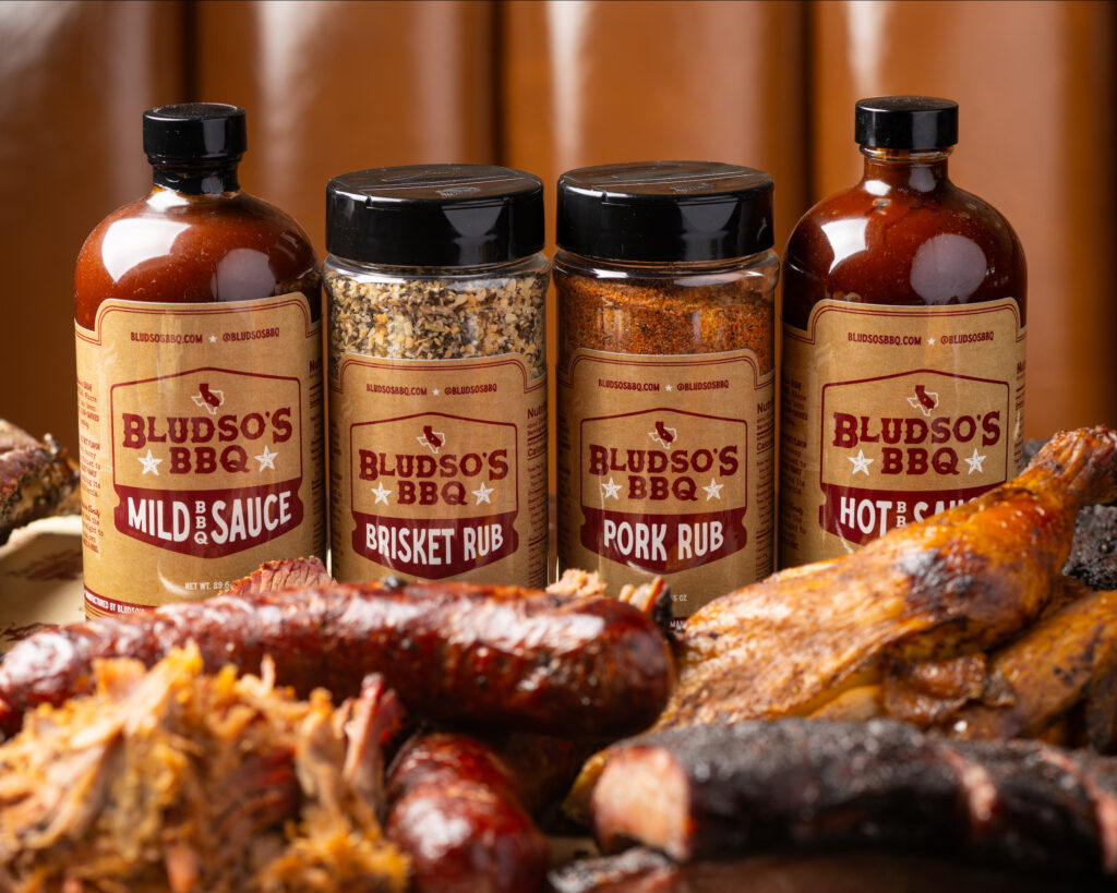 Bludso's barbecue seasoning sauce and meat platter