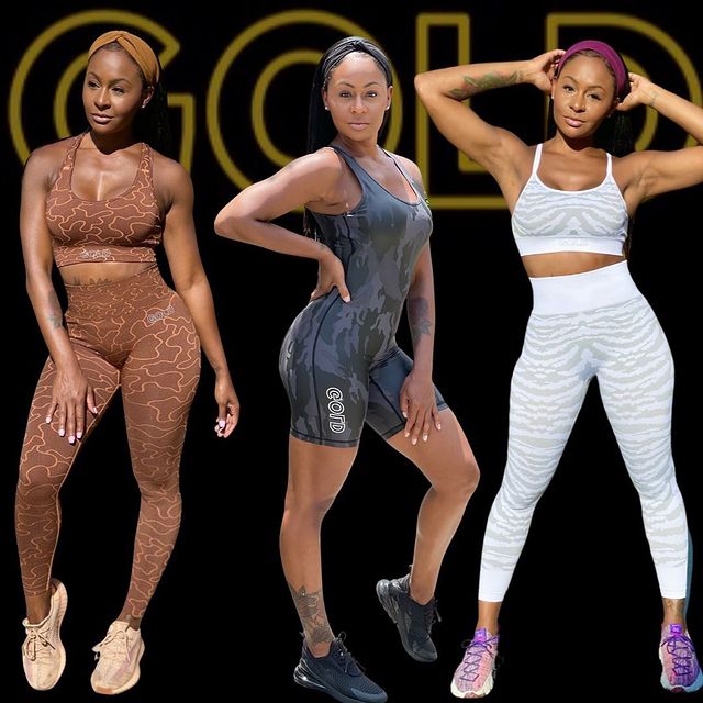 Model for black owned athleisure brand 30 and Gold