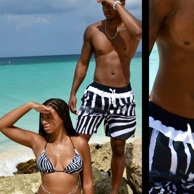 Matching swim trunks and a bikini from black owned brand Avid Swim