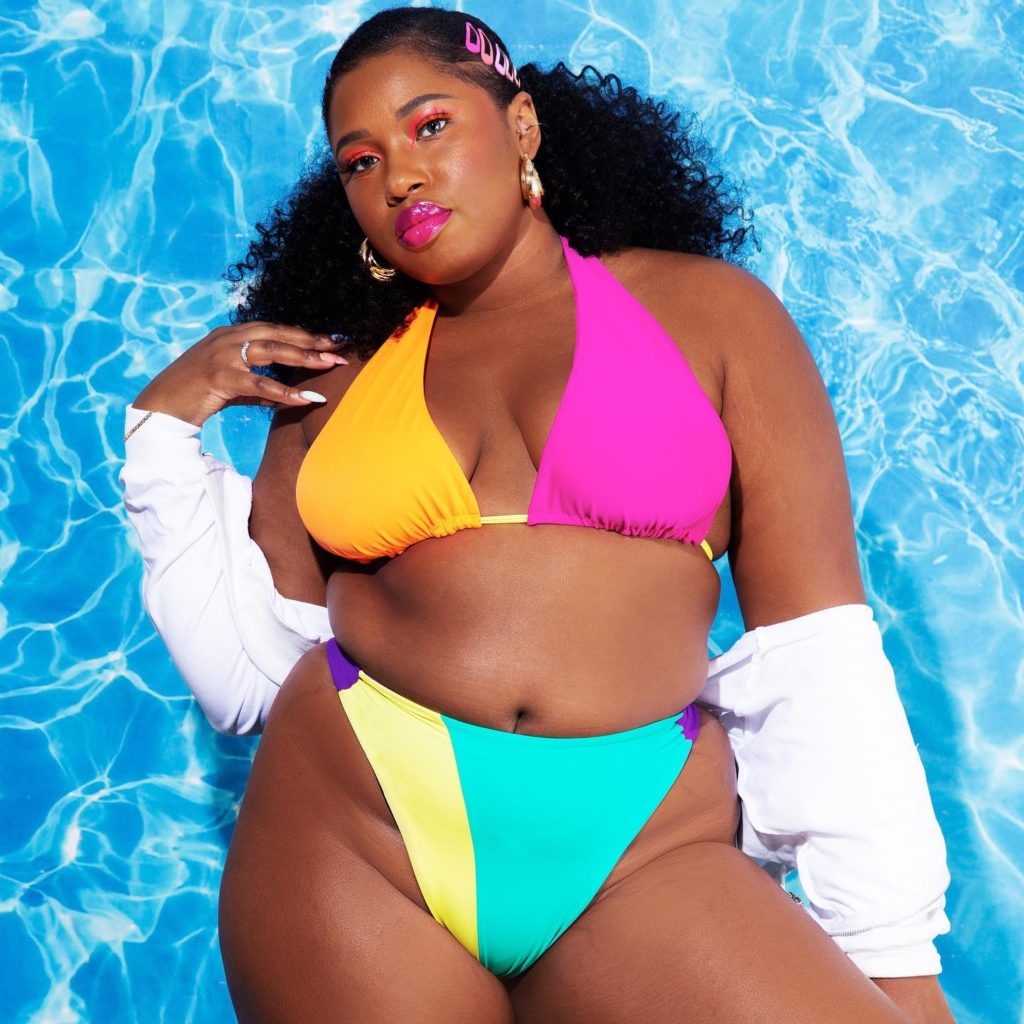 model in colorful bathing suit from Nakimuli
