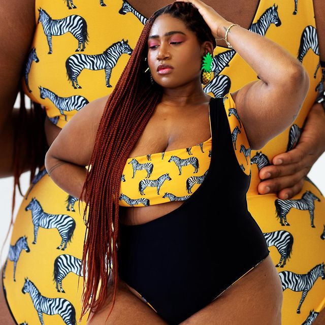 Model wears a bathing suit from black owned brand Nakimuli.