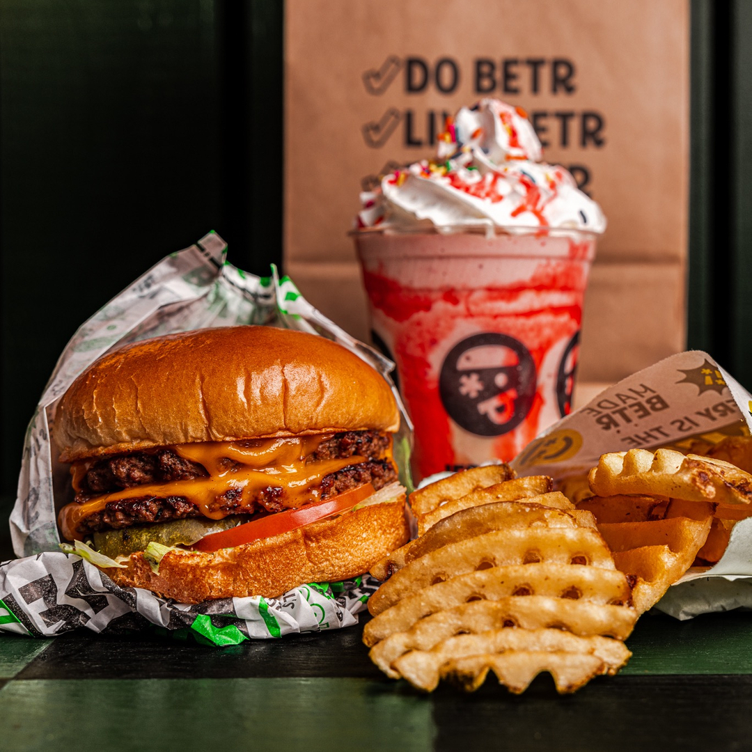Vegan Cheeseburger, strawberry shake, and waffle fries from Jerrell's Betr Brgr (Better Burger)