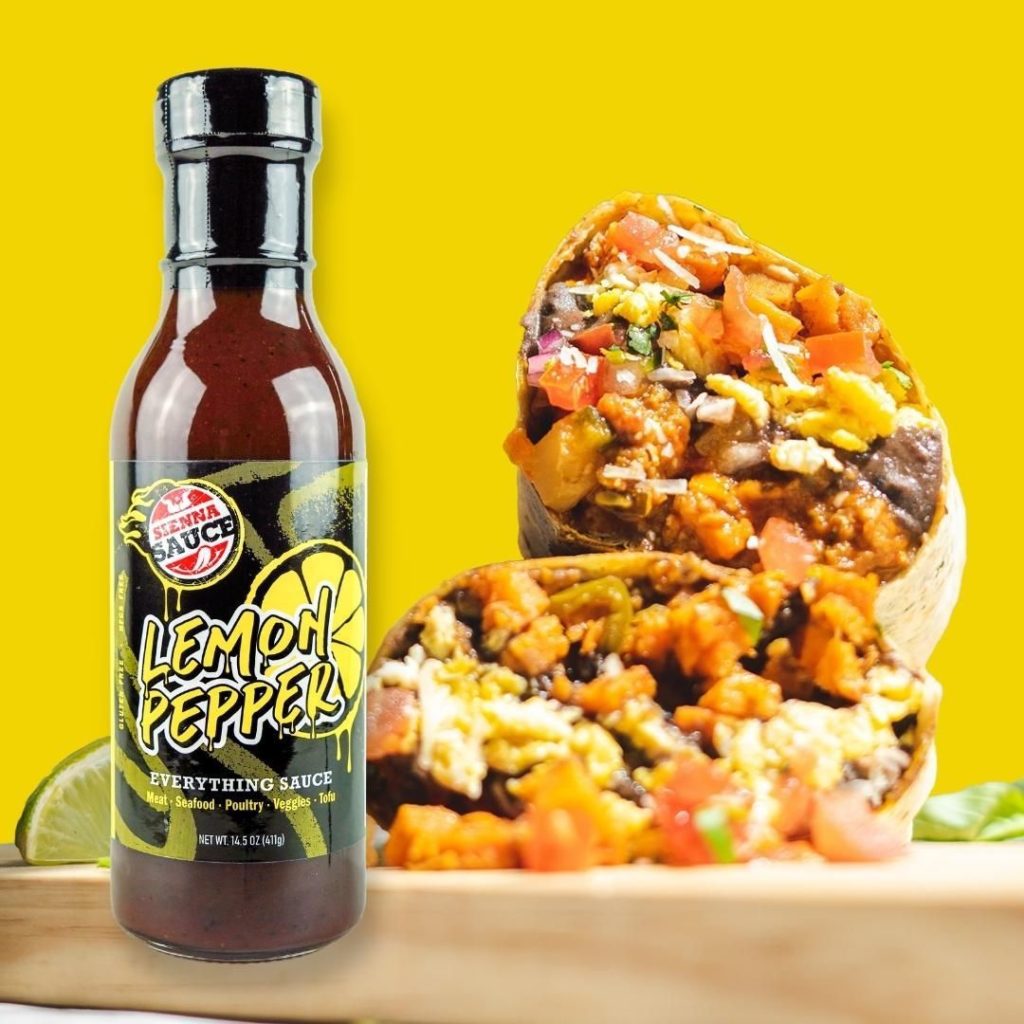 Sienna Sauce Lemon Pepper sauce on a burrito