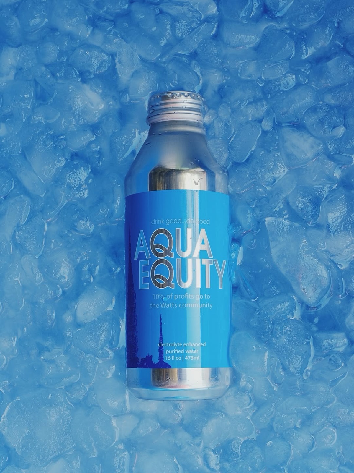 Aqua Equity Aluminum water can floating in ice