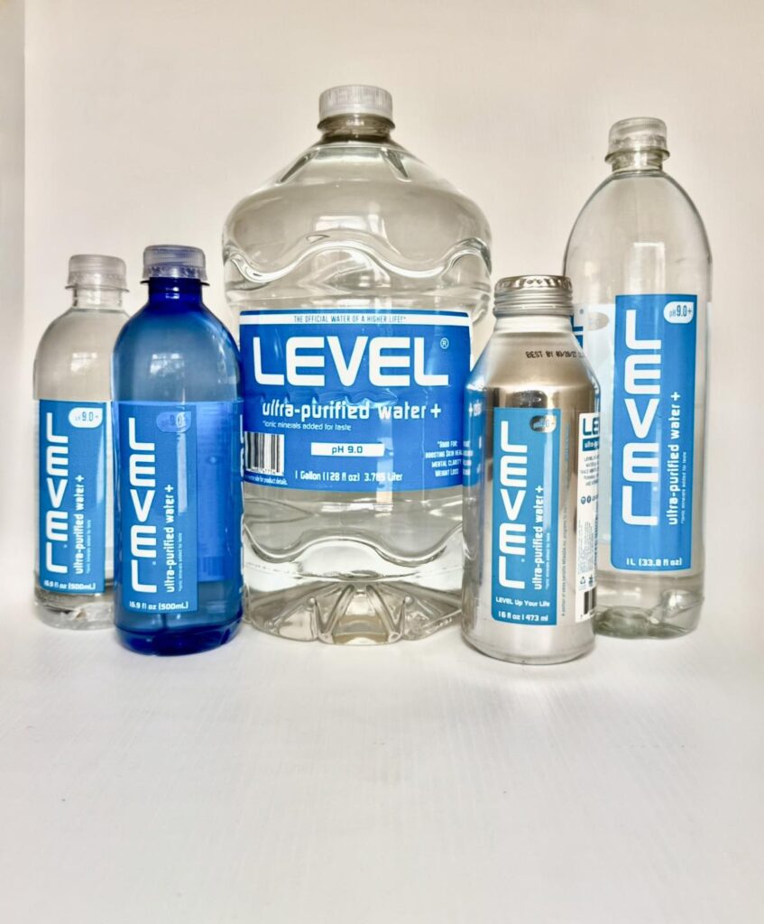 All different sizes of Louisiana Based Black owned bottled Water from Level Water Co