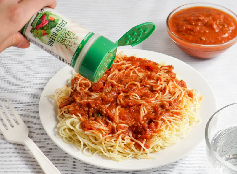 Easy Peasie Vegertable Powder on spaghetti for National Nutrition Month